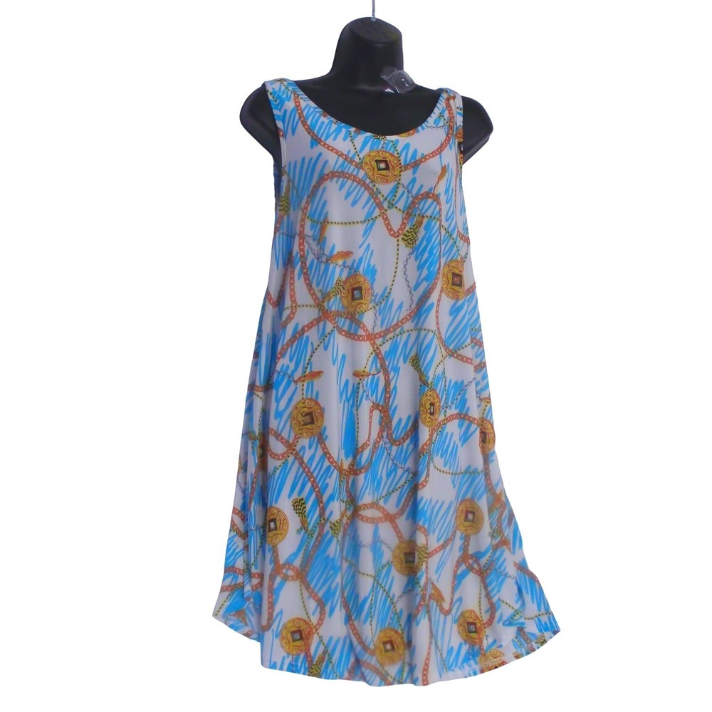 Isla Bonita Womens One Size Nautical Chain Print Sleeveless Swing ‎ Blue Gold